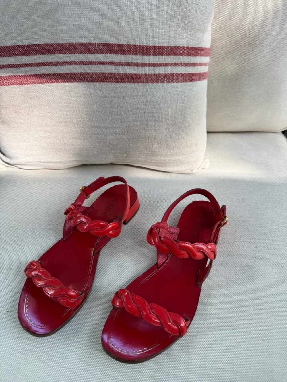 Sz38.5 Prada Red Braided Leather Slingback Sandals